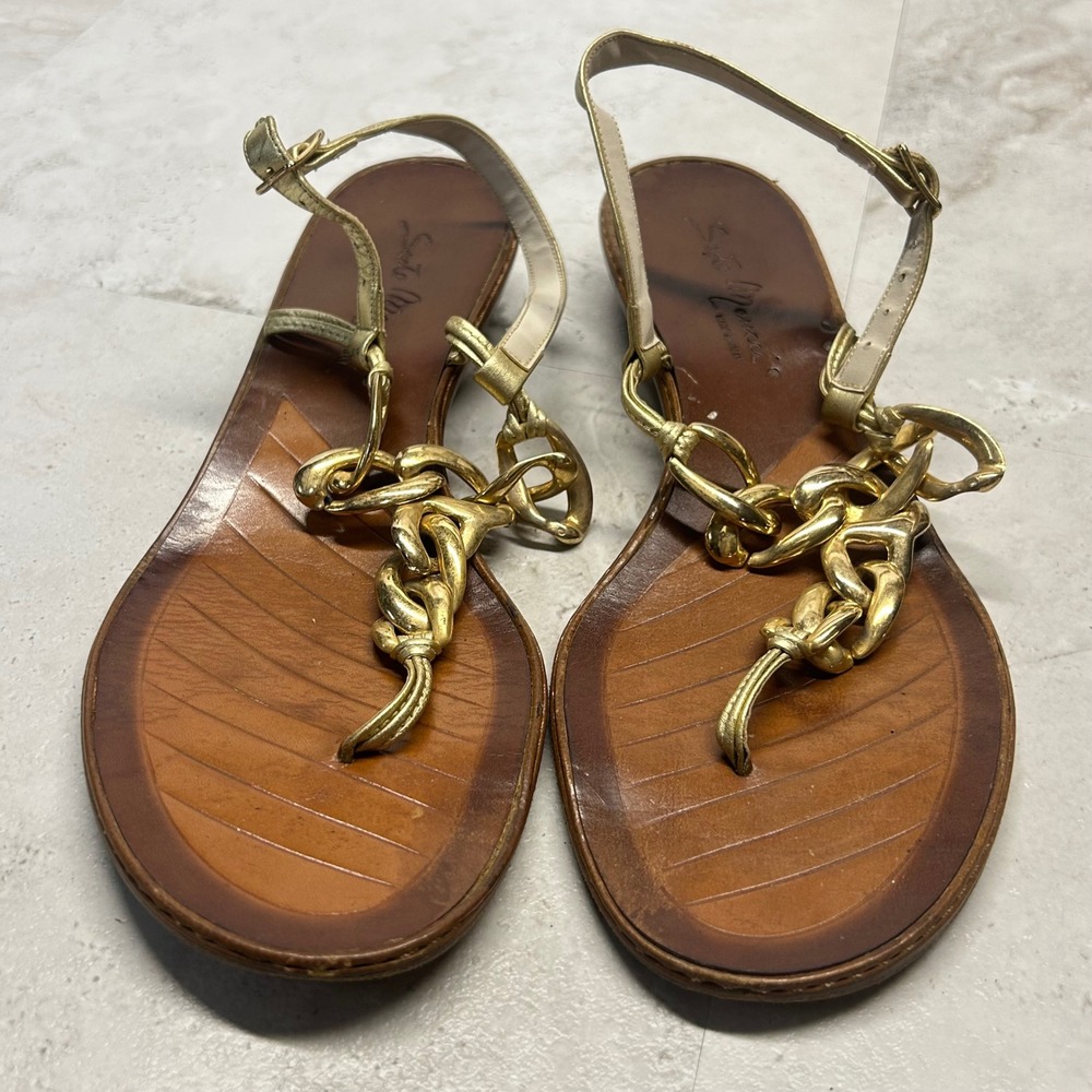Sesto Meucci Sandals Gold Brown Women Size 6.5 Italian Leather Chain Wedge Heel